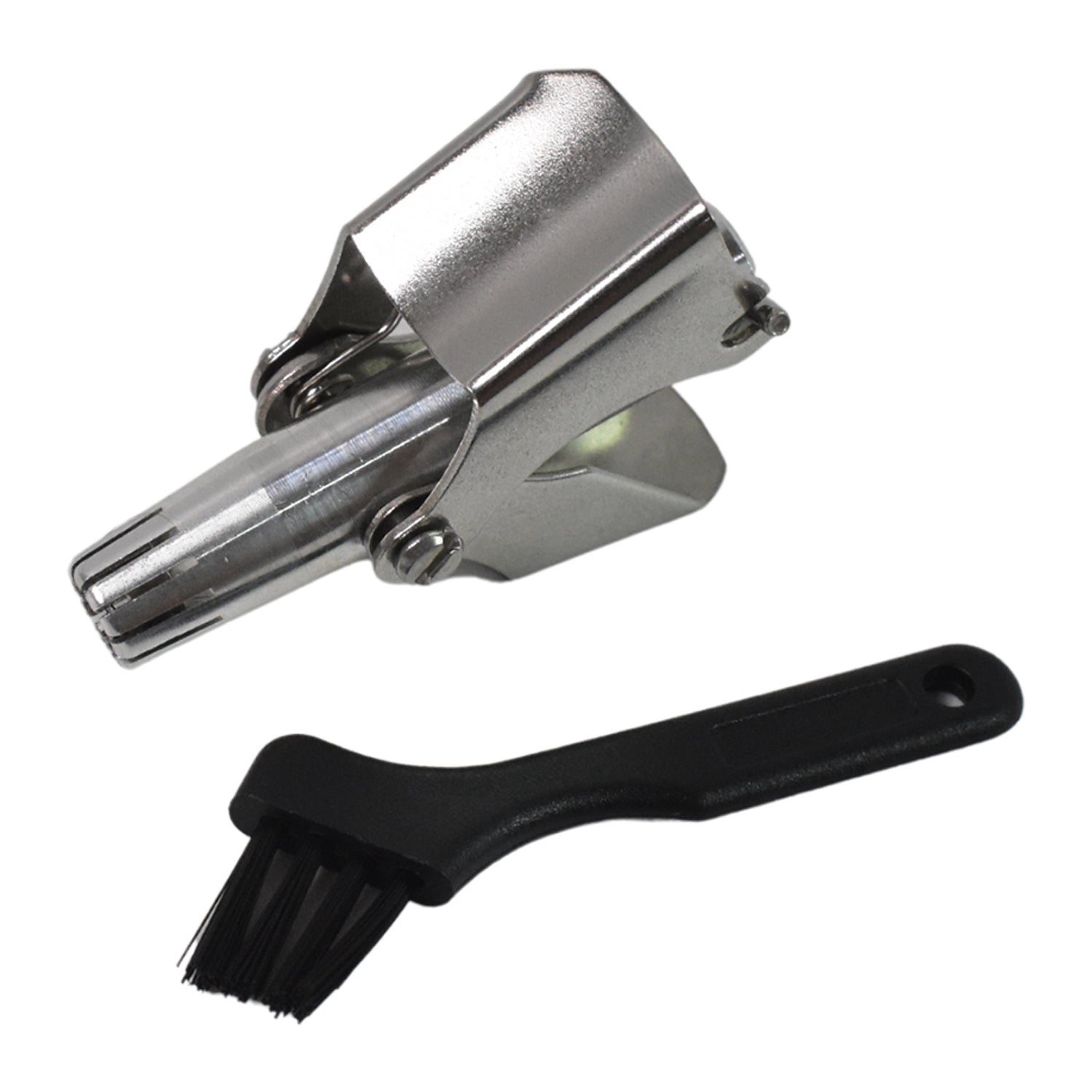 A silver manual nose hair trimmer and a black cleaning brush are shown on a plain white background.