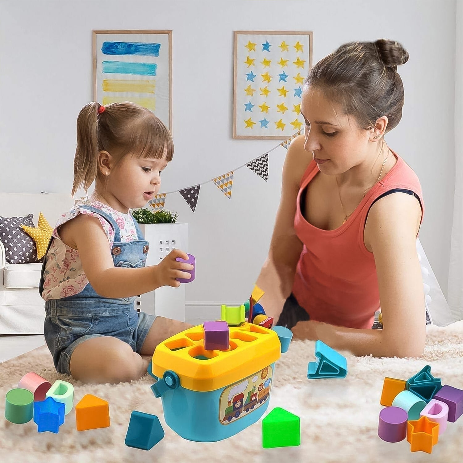 Baby Shape Sorter Toy with Geometric Stacking Blocks (16 Pc)