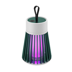 A green and white Mosquito Killer Lamp with purple light and a black strap is shown on a plain white background.