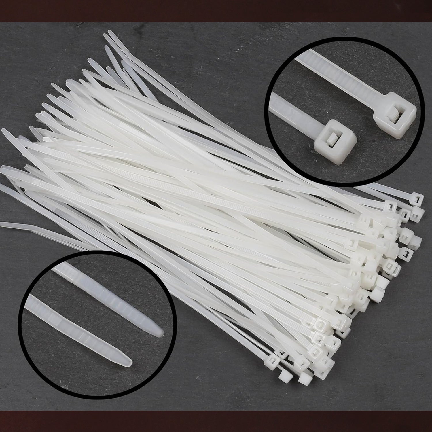 A pile of white nylon cable ties on a dark background, with insets showing close-ups of the locking head and tapered end.