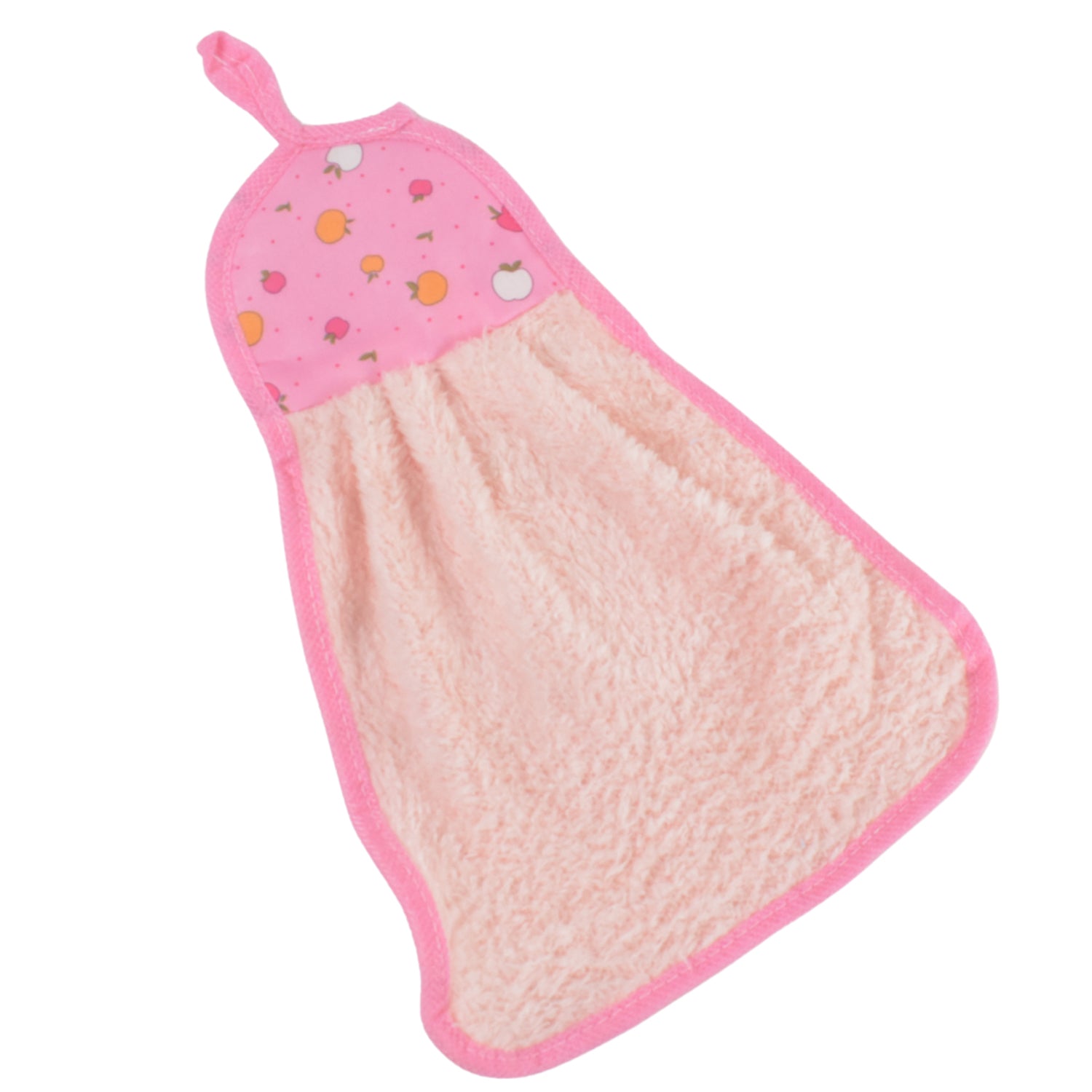 A pink microfiber hand towel with a fruit print top and hanging loop is displayed flat on a plain white background.