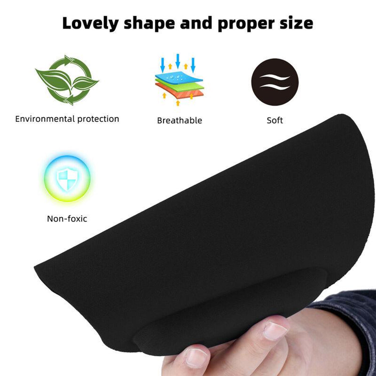 A hand holding the black ergonomic mouse pad, with icons highlighting its environmental, breathable, soft, and non-toxic