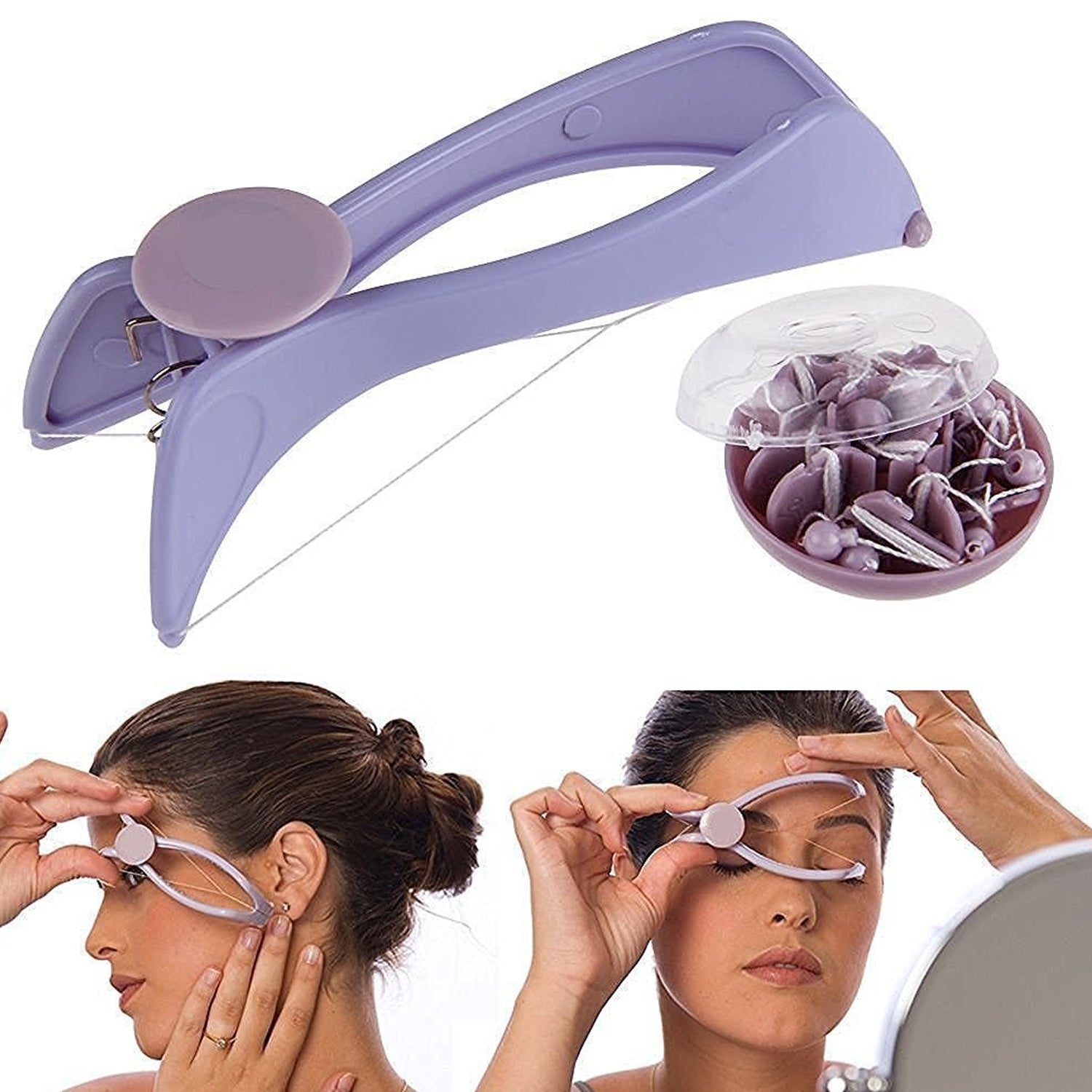 A purple hair threading tool with extra threads, and a woman using the tool on her eyebrow.
