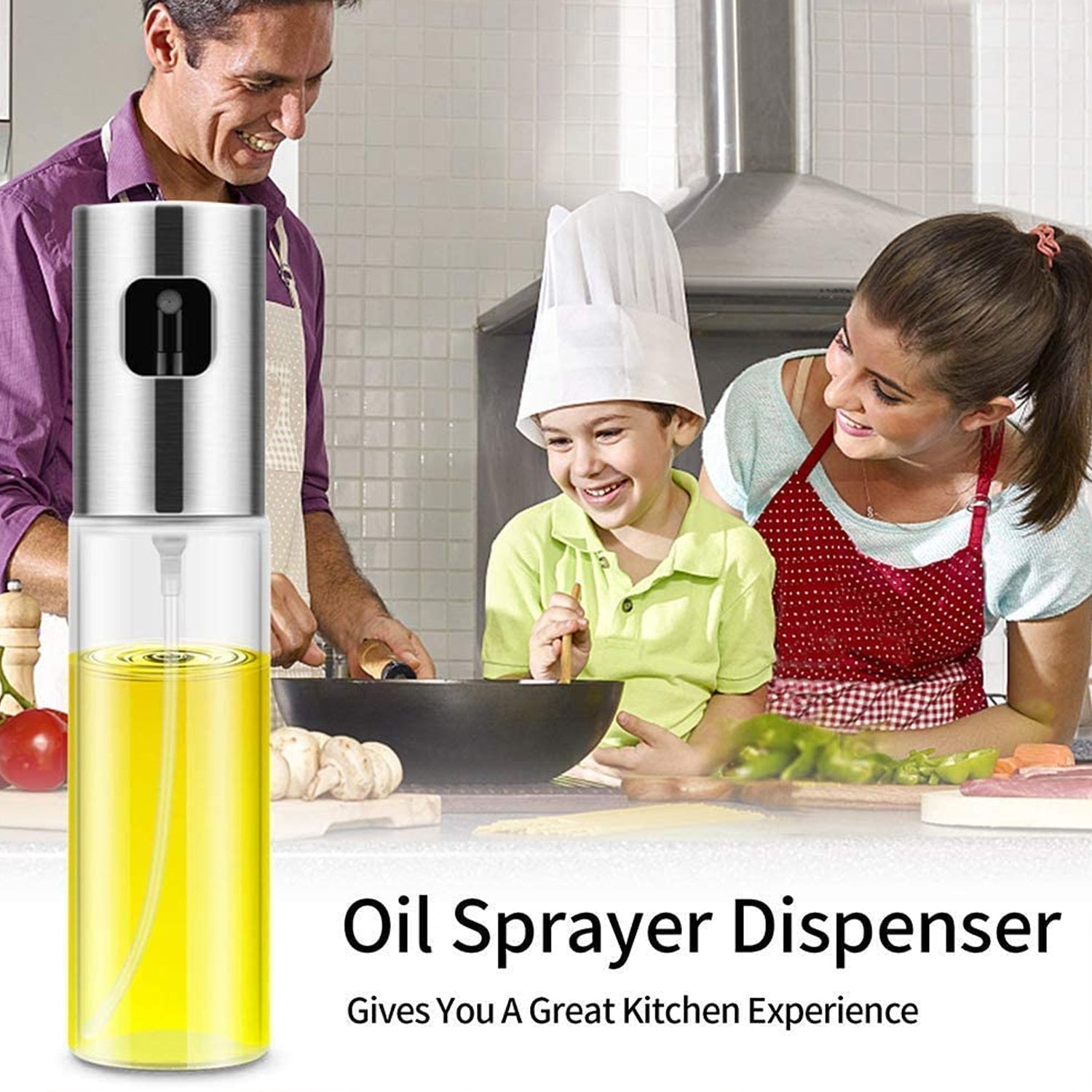 A glass and silver oil sprayer in the foreground, with a family happily cooking in the background.
