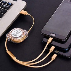 Retractable 3-in-1 Charging Cable showing USB-C, Micro-USB, and Lightning connectors.
