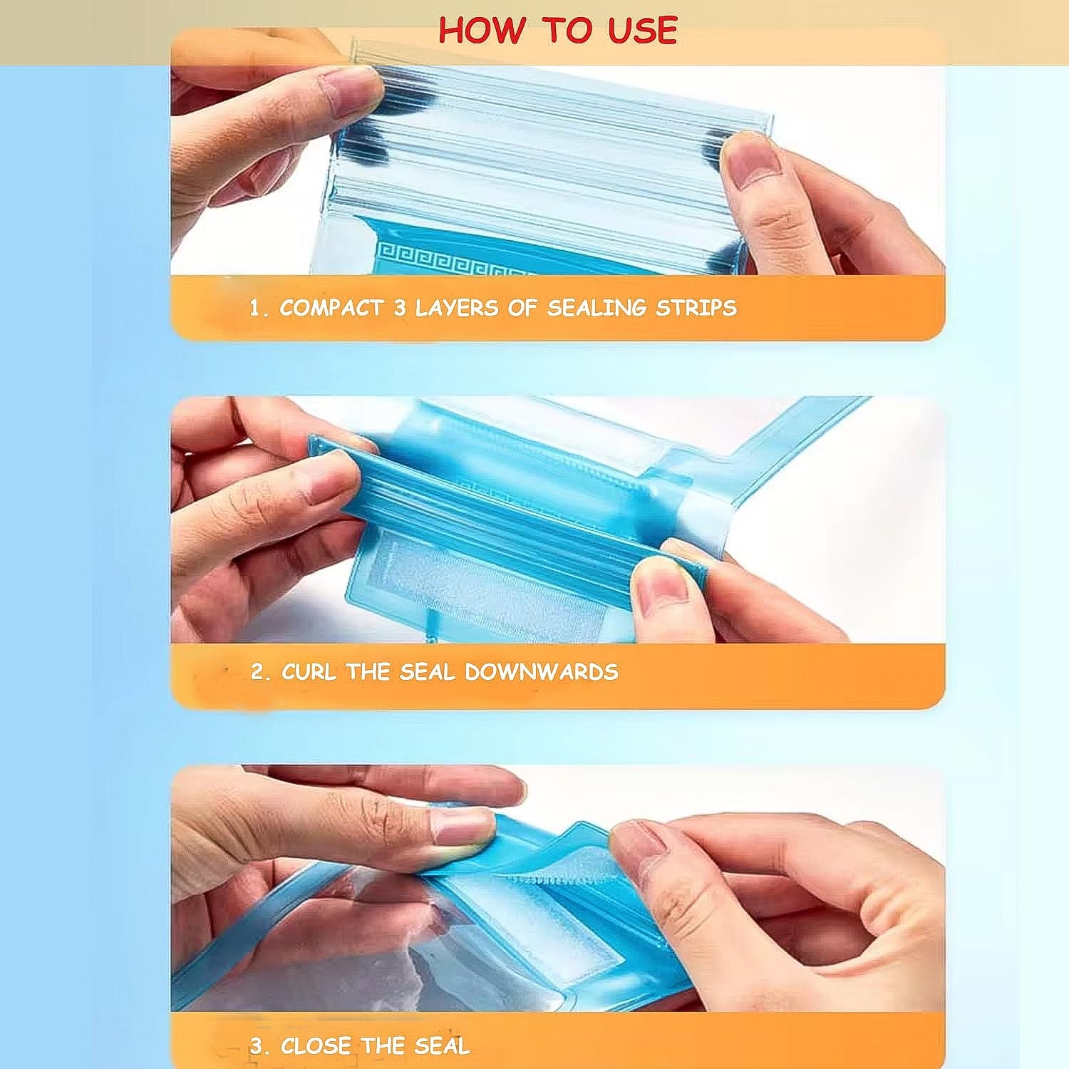 Three close-up images demonstrating how to seal a blue waterproof pouch with three layers of sealing strips.