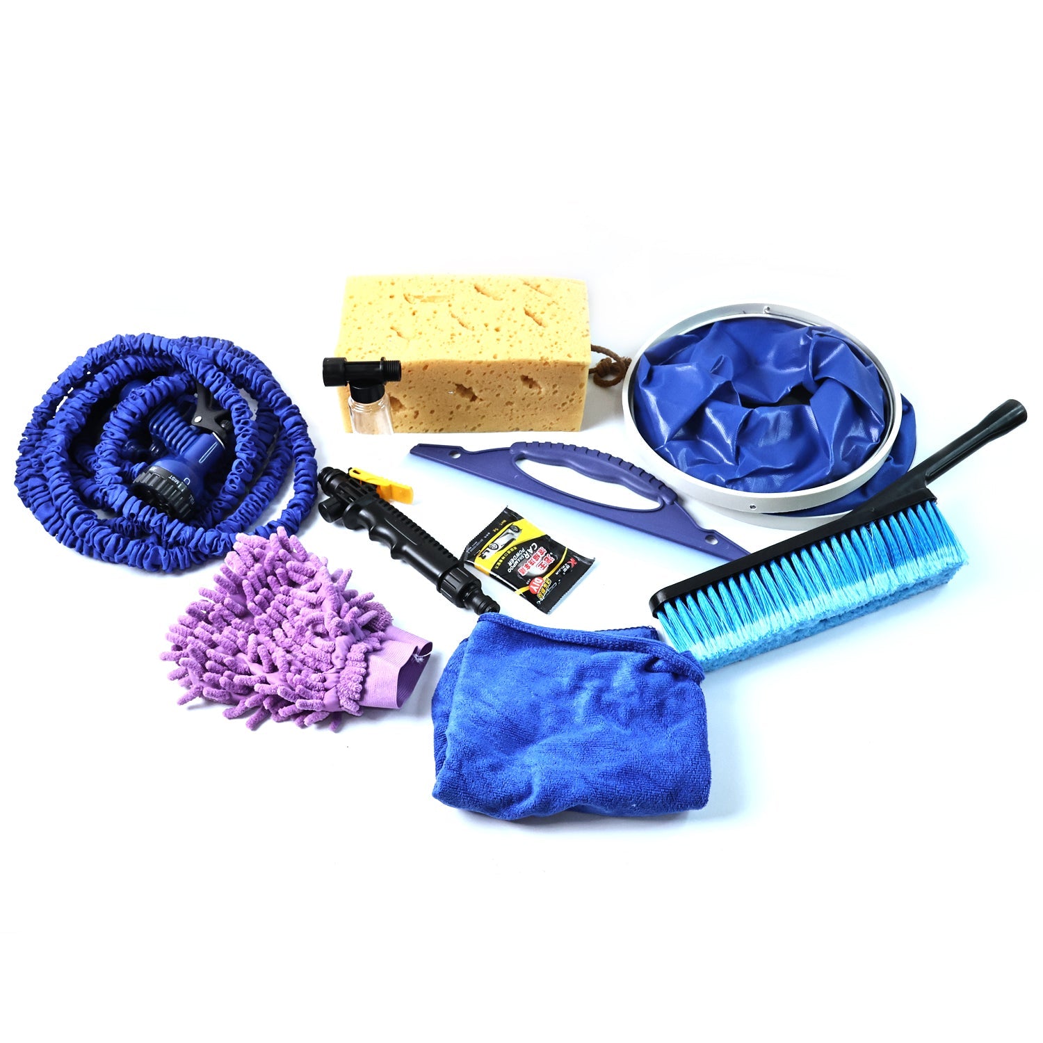 A car washing kit including a blue hose, purple mitt, yellow sponge, blue bucket, and various tools on a white background.