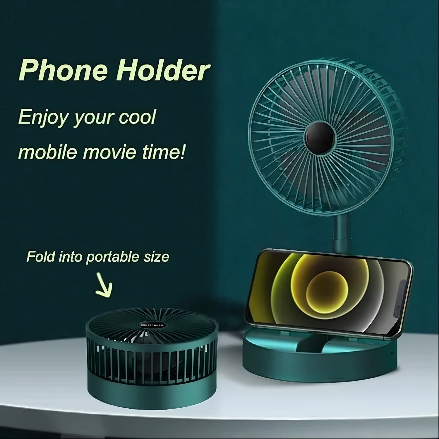 A teal portable fan with a phone holder and a compact version of the fan are shown on a dark teal surface.