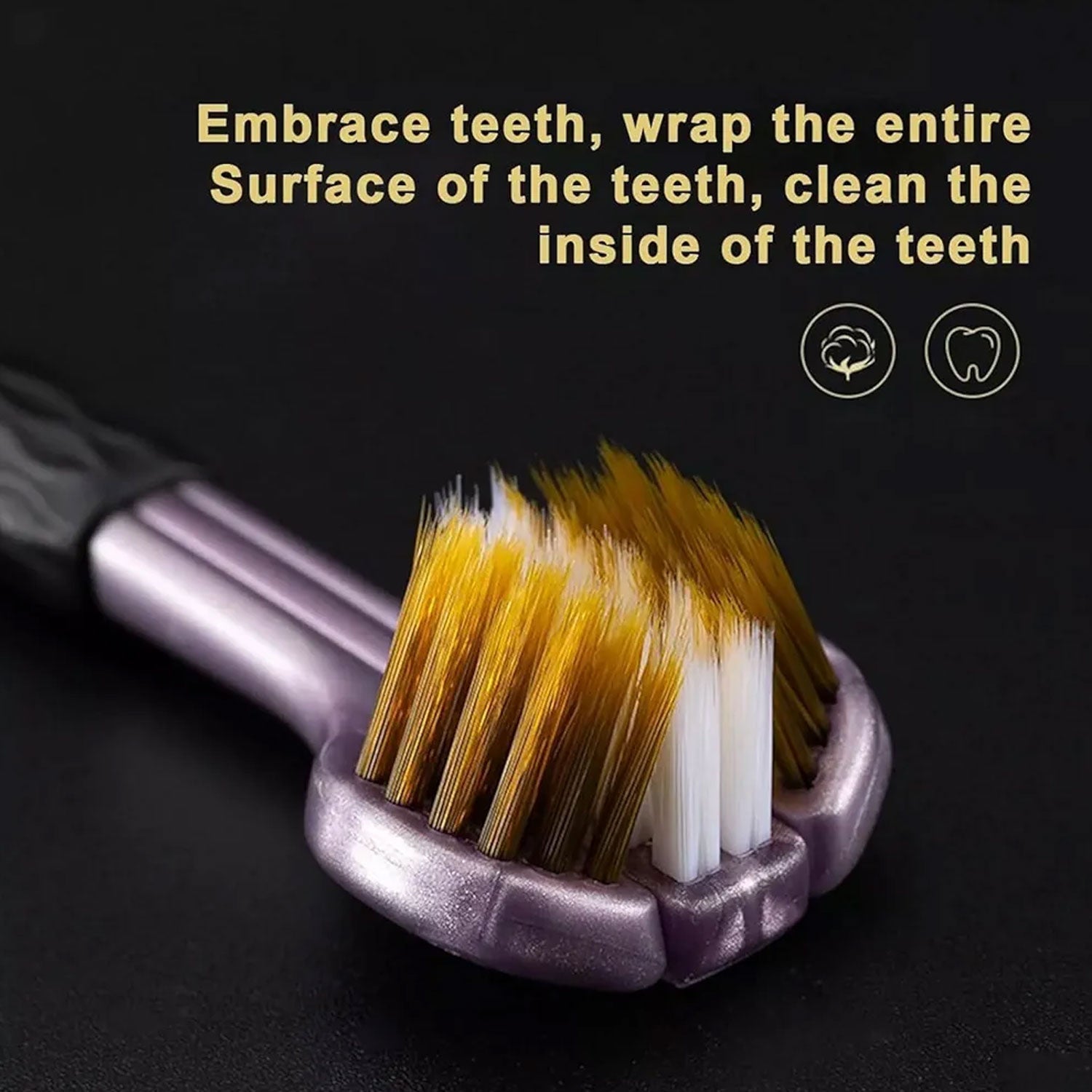 Extreme close-up of a purple three-sided toothbrush head with brown and white bristles.