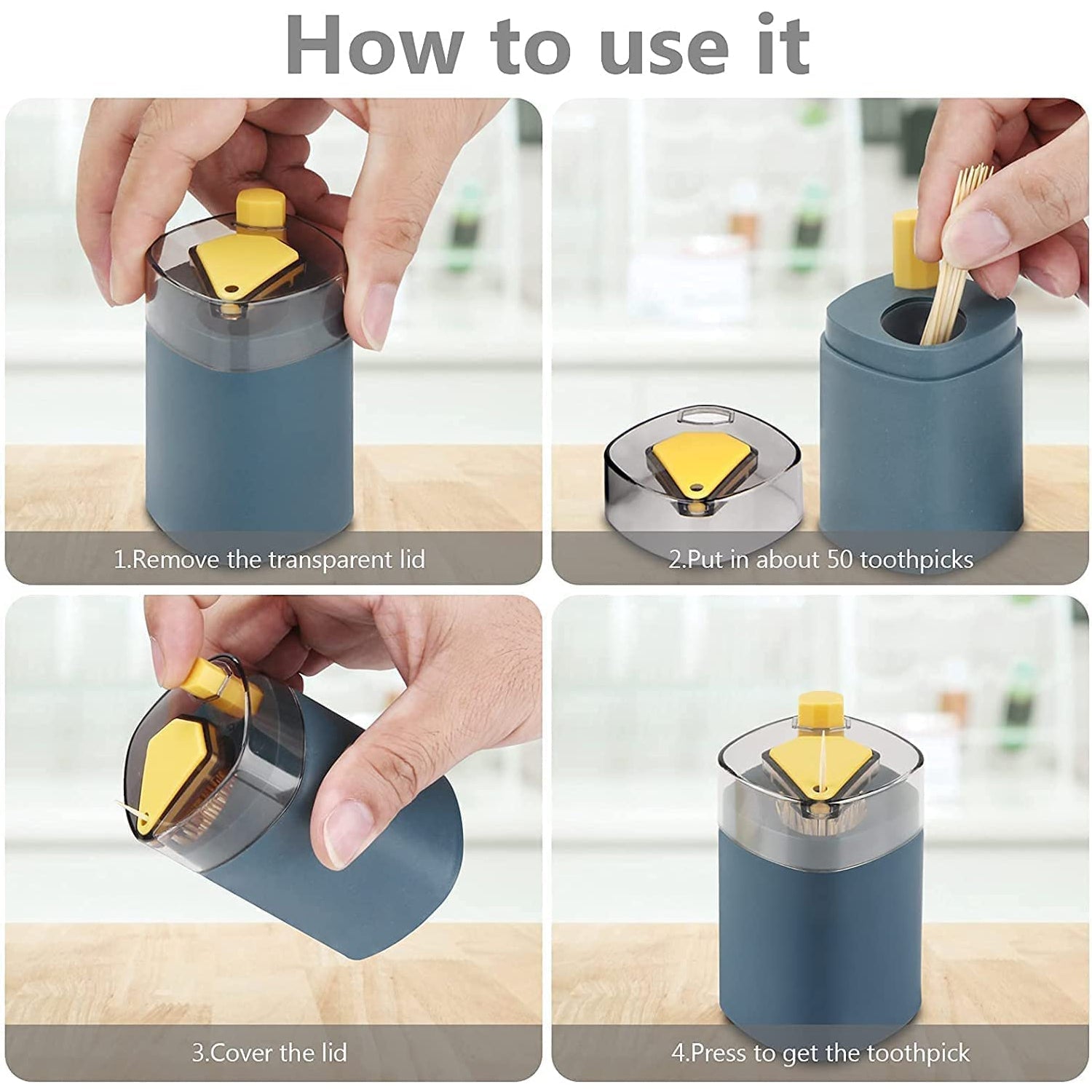 Four step-by-step instructions show how to use the automatic toothpick dispenser, from removing the lid to pressing the