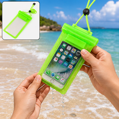 Hands holding a neon green waterproof phone pouch with a phone inside, water dripping from the bottom