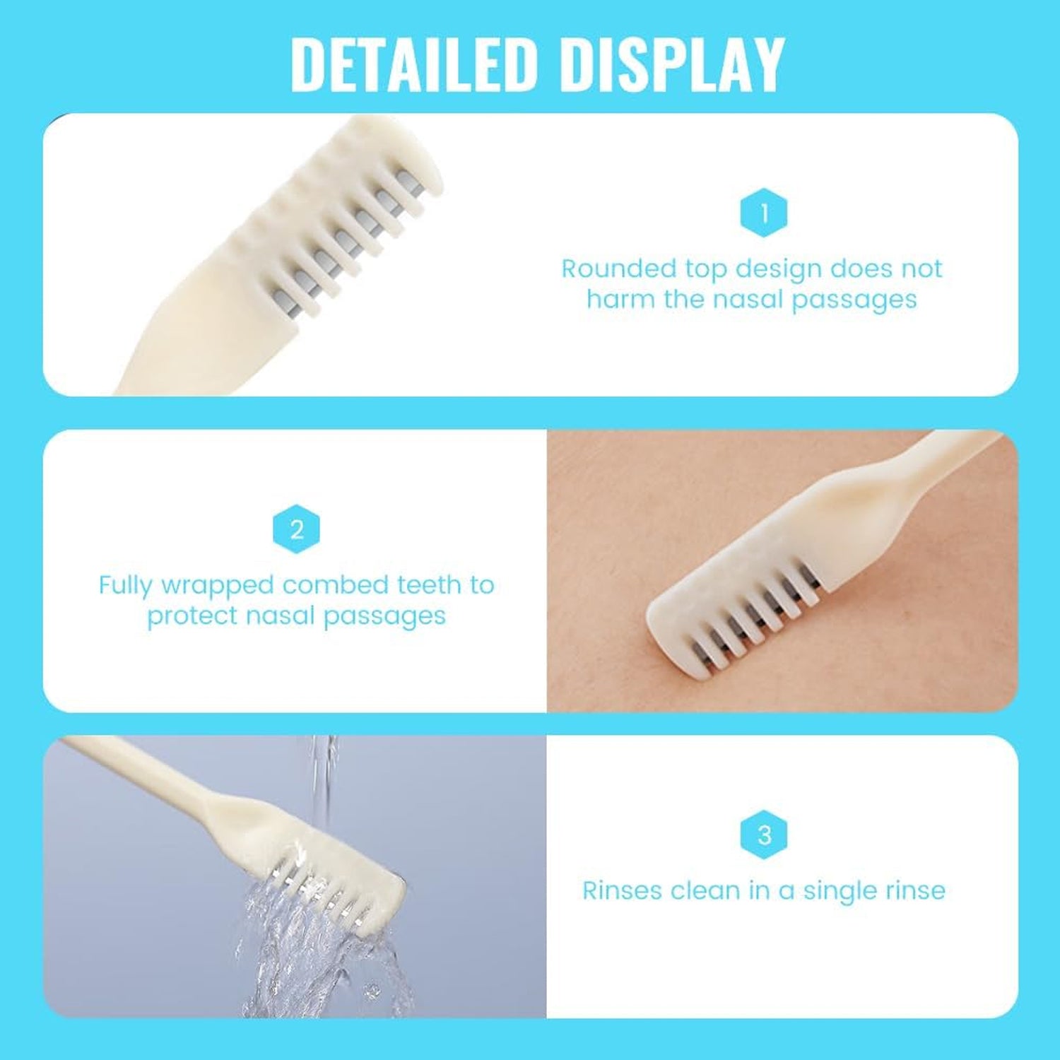 Three close-up views of the beige nose hair trimmer, highlighting its rounded design, combed teeth, and rinse feature.
