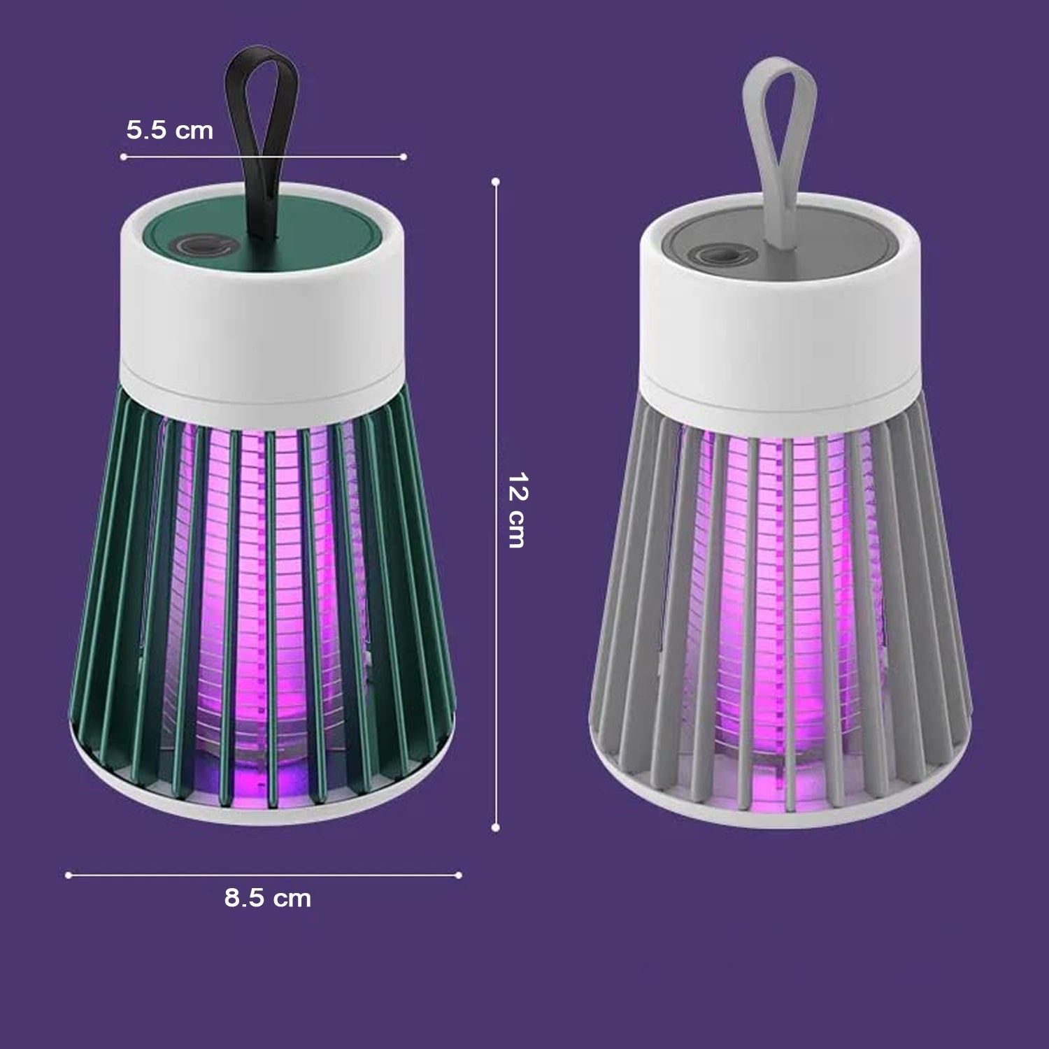 Two Mosquito Killer Lamps, one green and one gray, both with purple light, are shown with dimensions on a purple background.