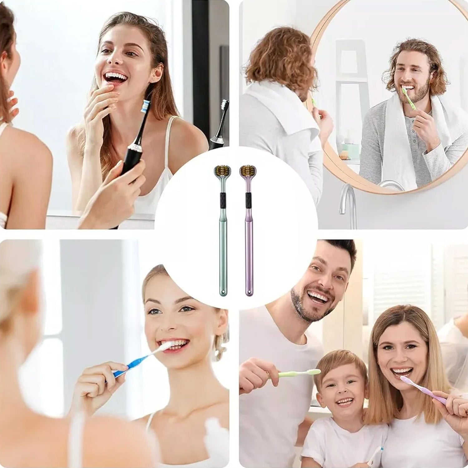 Collage of people using toothbrushes, with a central image of two three-sided toothbrushes.