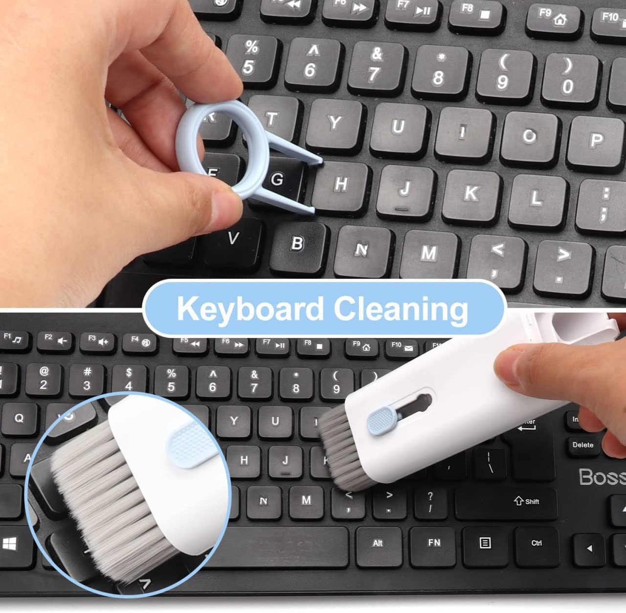 Close-up views of hands using the light blue keycap puller and the white and gray brush on a black keyboard.