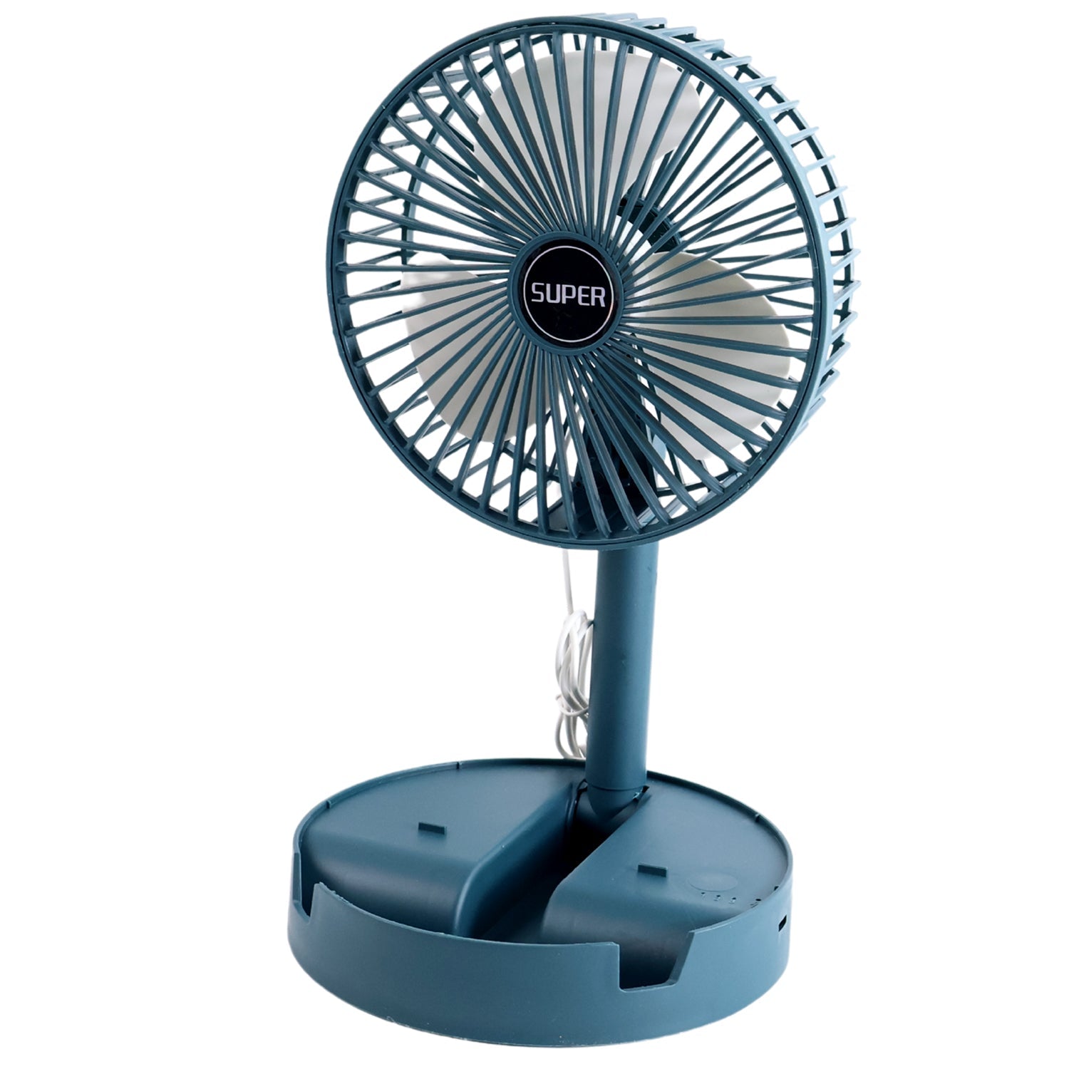 A teal portable fan with an adjustable stand and visible white cord is presented on a white background.