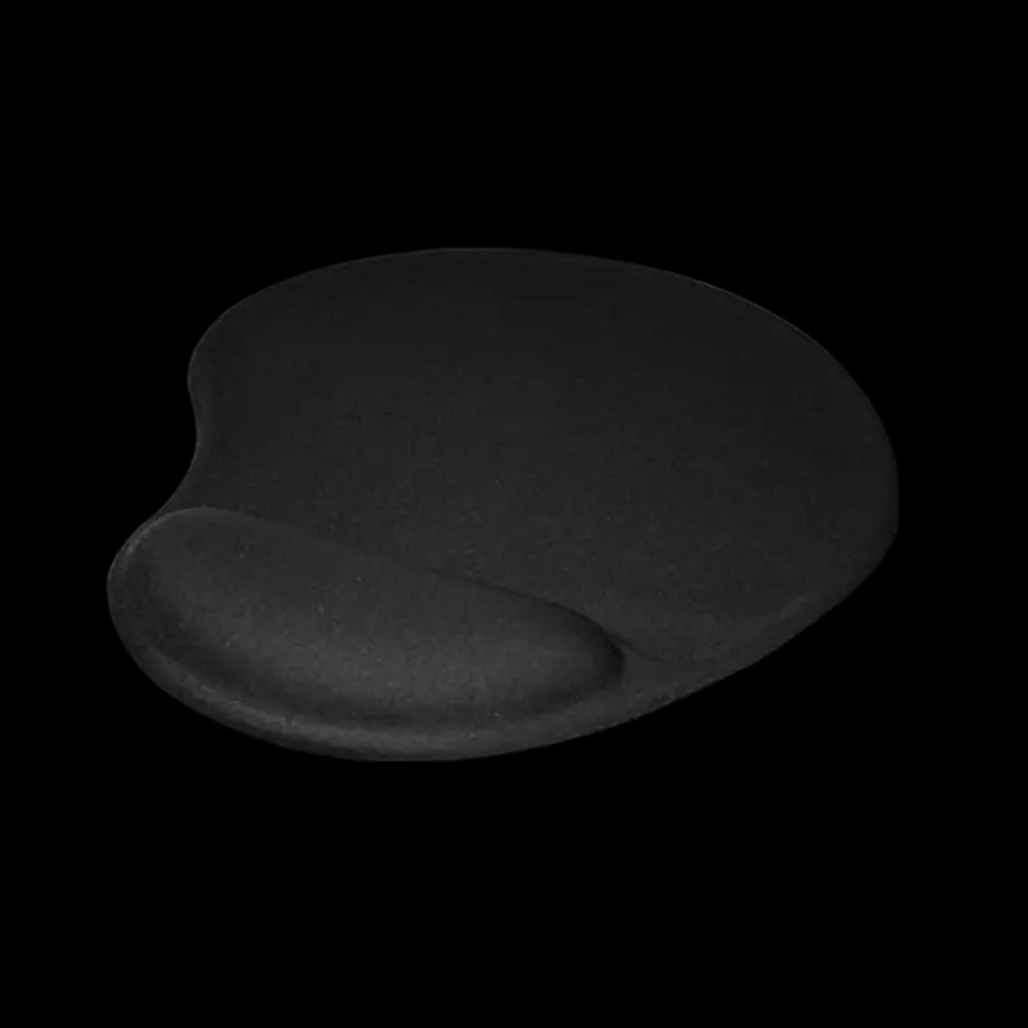 A black ergonomic mouse pad with wrist support, angled on a dark background.