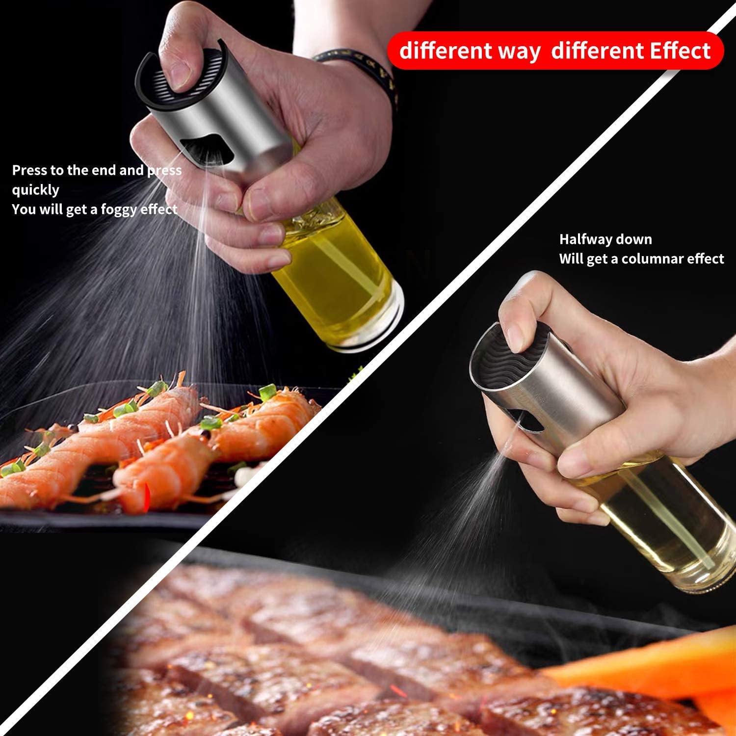 Two hands demonstrate different spray patterns from the oil sprayer on food, showing foggy and columnar effects.