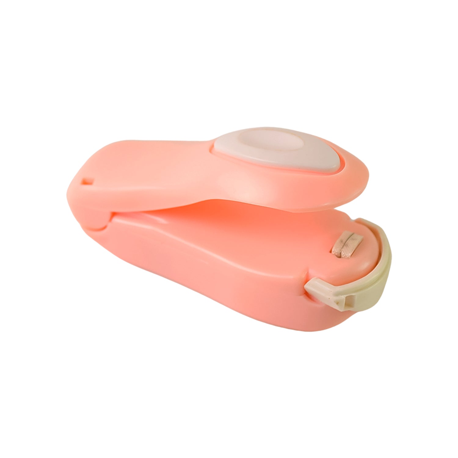 A pink and beige mini heat sealer is shown closed, with a textured grip and a small hook on the side.