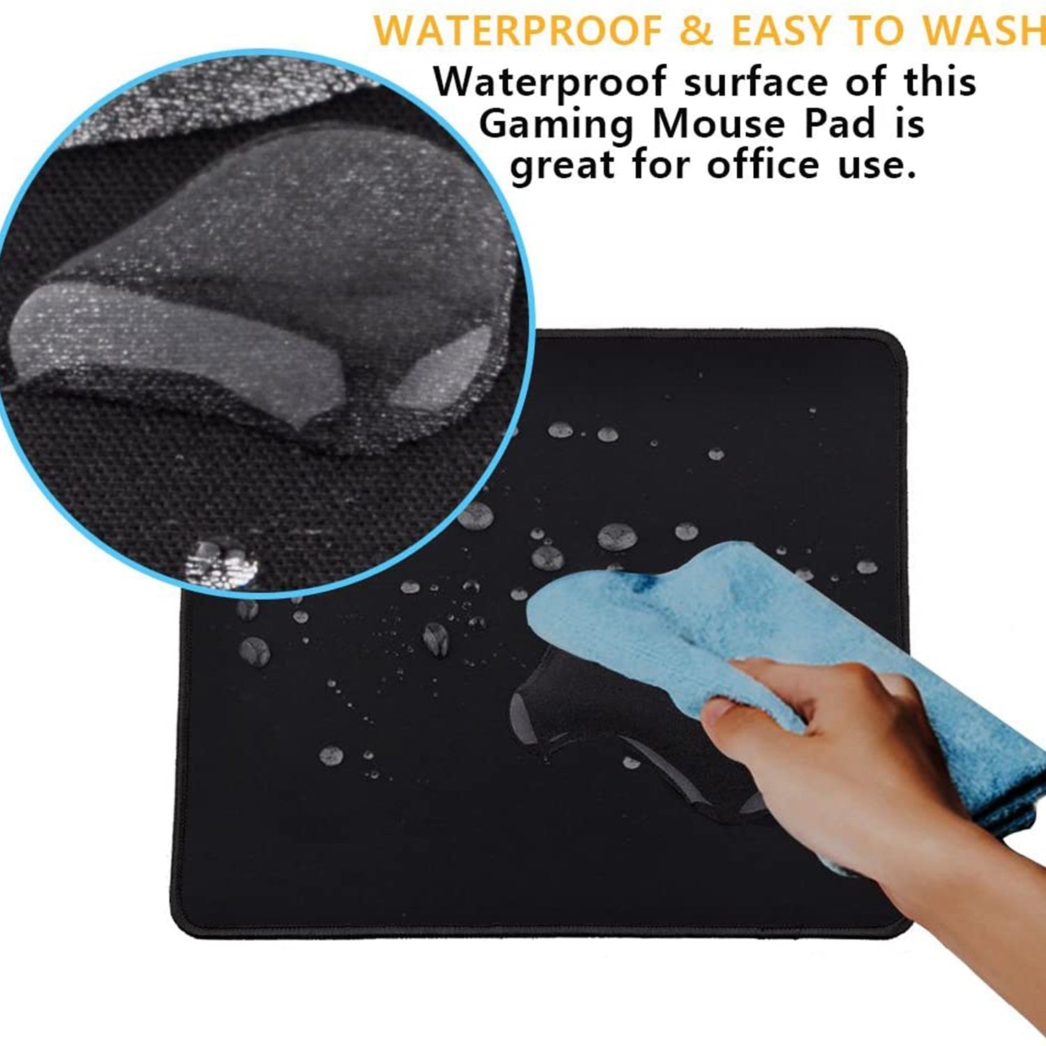 A hand wipes water droplets off a black mouse pad with a blue cloth, highlighting its waterproof surface.