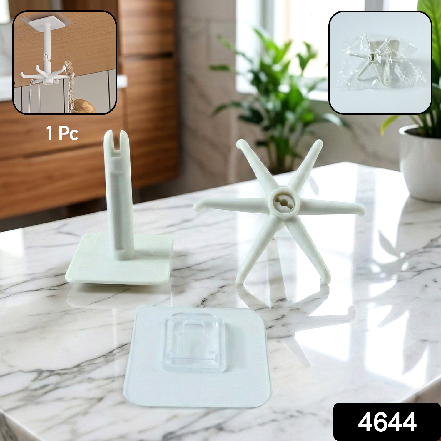 Disassembled white plastic hook components are displayed on a marble countertop, with insets showing the assembled hook 