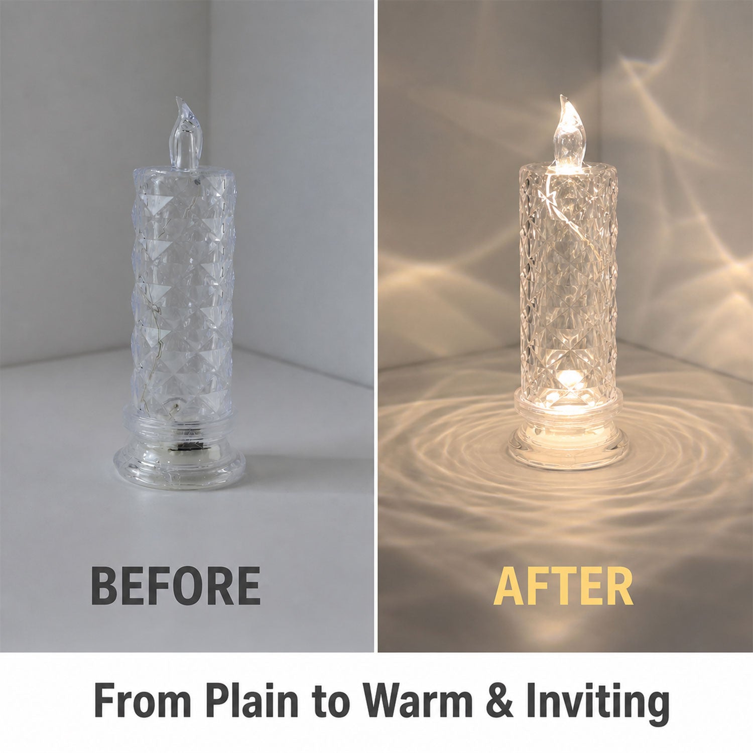 A split image showing the clear faceted crystal LED candle light unlit on the left and glowing warmly on the right.