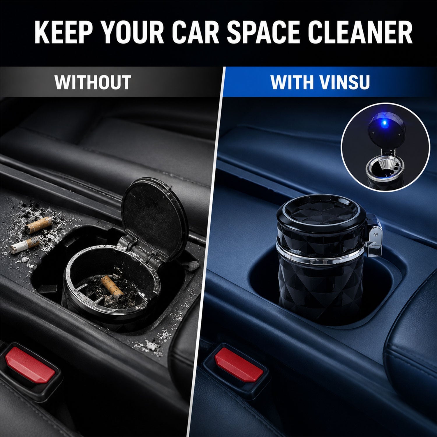 Car Cupholder Ashtray – LED Light, Lid & Portable Bin | Velvet Wheels