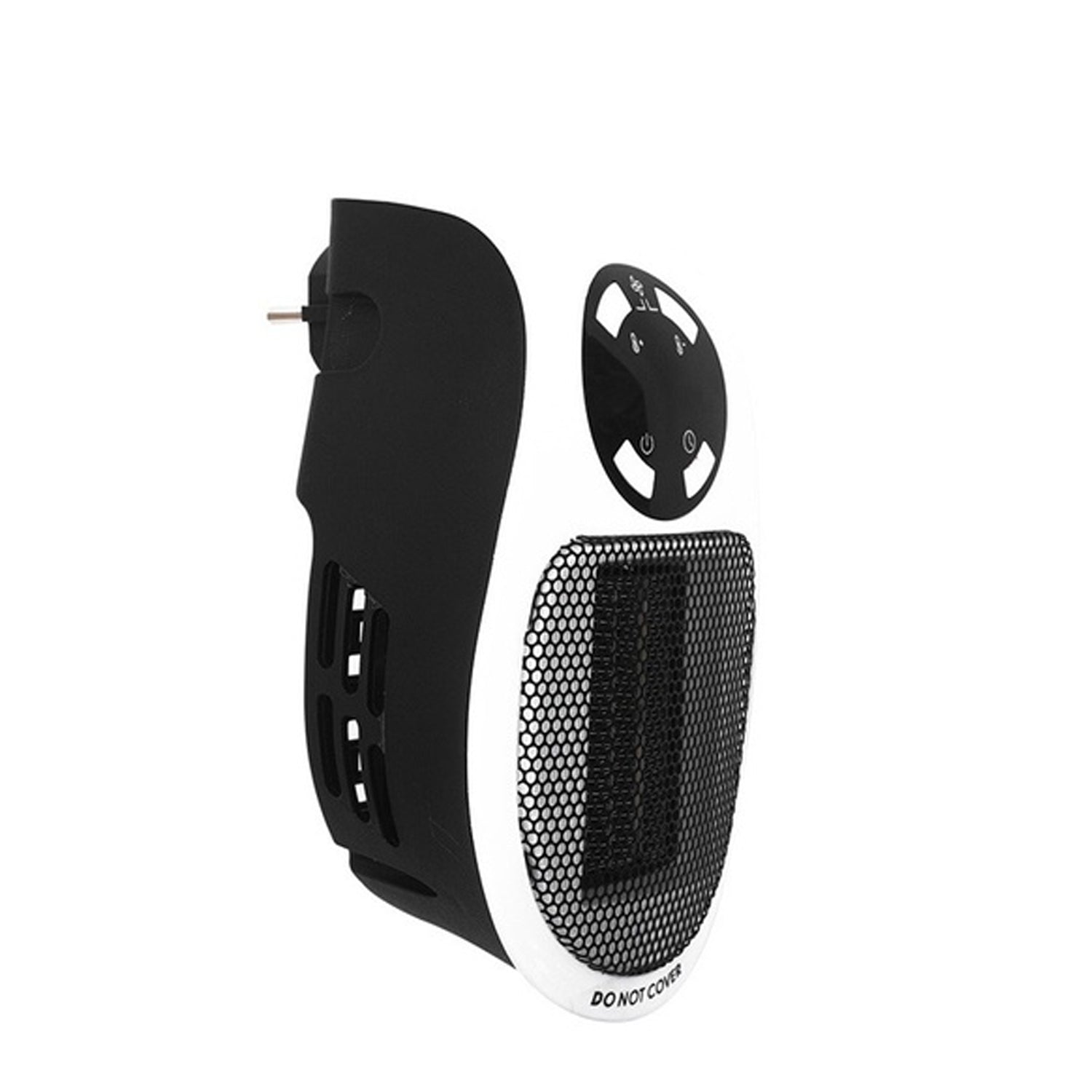 White and black wall heater with a digital display and mesh front, viewed from a slight angle.