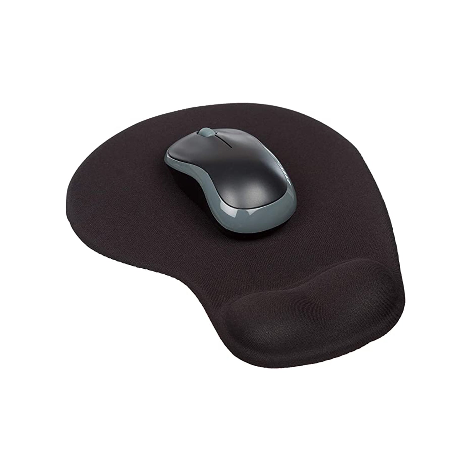 A black ergonomic mouse pad with wrist support and a dark grey wireless mouse resting on it.