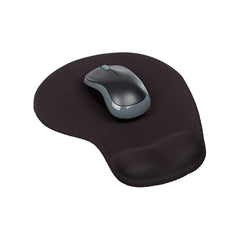 A black ergonomic mouse pad with wrist support and a dark grey wireless mouse resting on it.