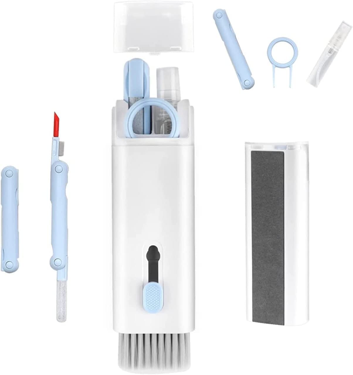 A white and light blue 7-in-1 electronic cleaning kit with all its components disassembled and laid out.
