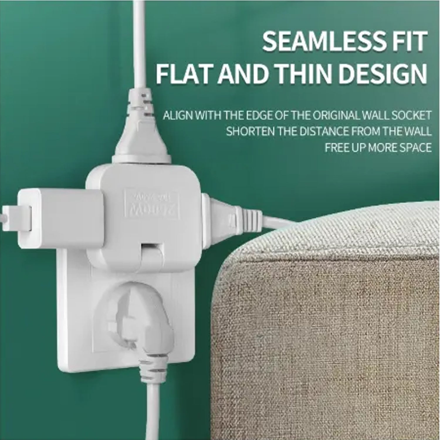 A white 3-in-1 foldable wall plug adapter plugged into a wall socket with three cords, next to a beige sofa.