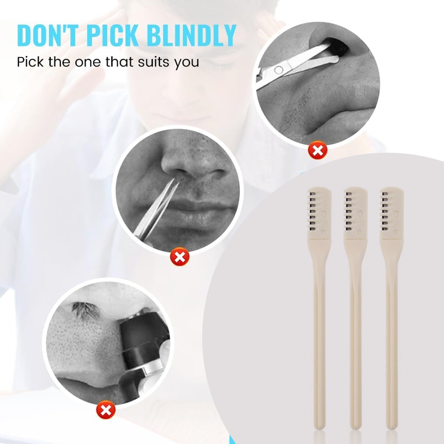 Three beige nose hair trimmers are shown next to circular insets of incorrect nose hair removal methods.