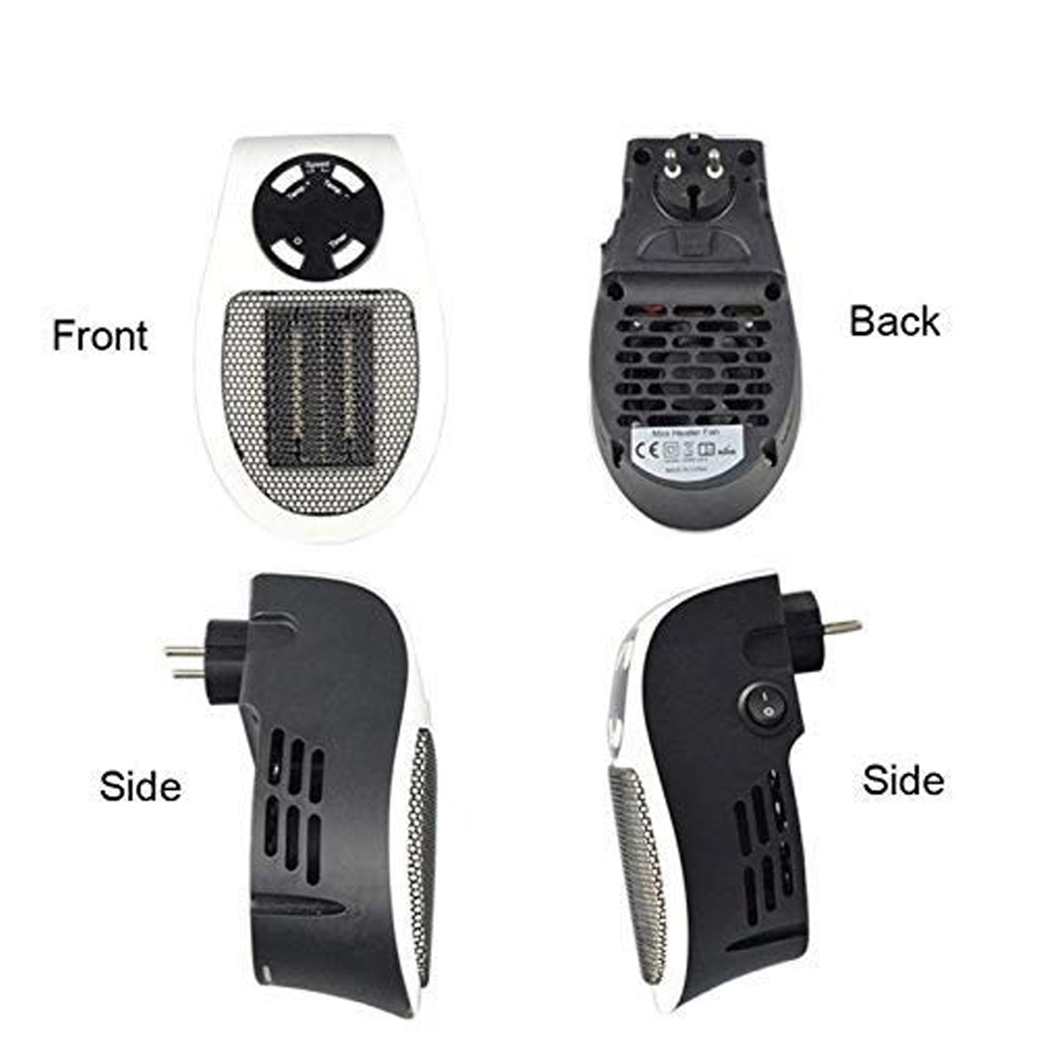 Four views of the white and black wall heater: front, back, and two side profiles.
