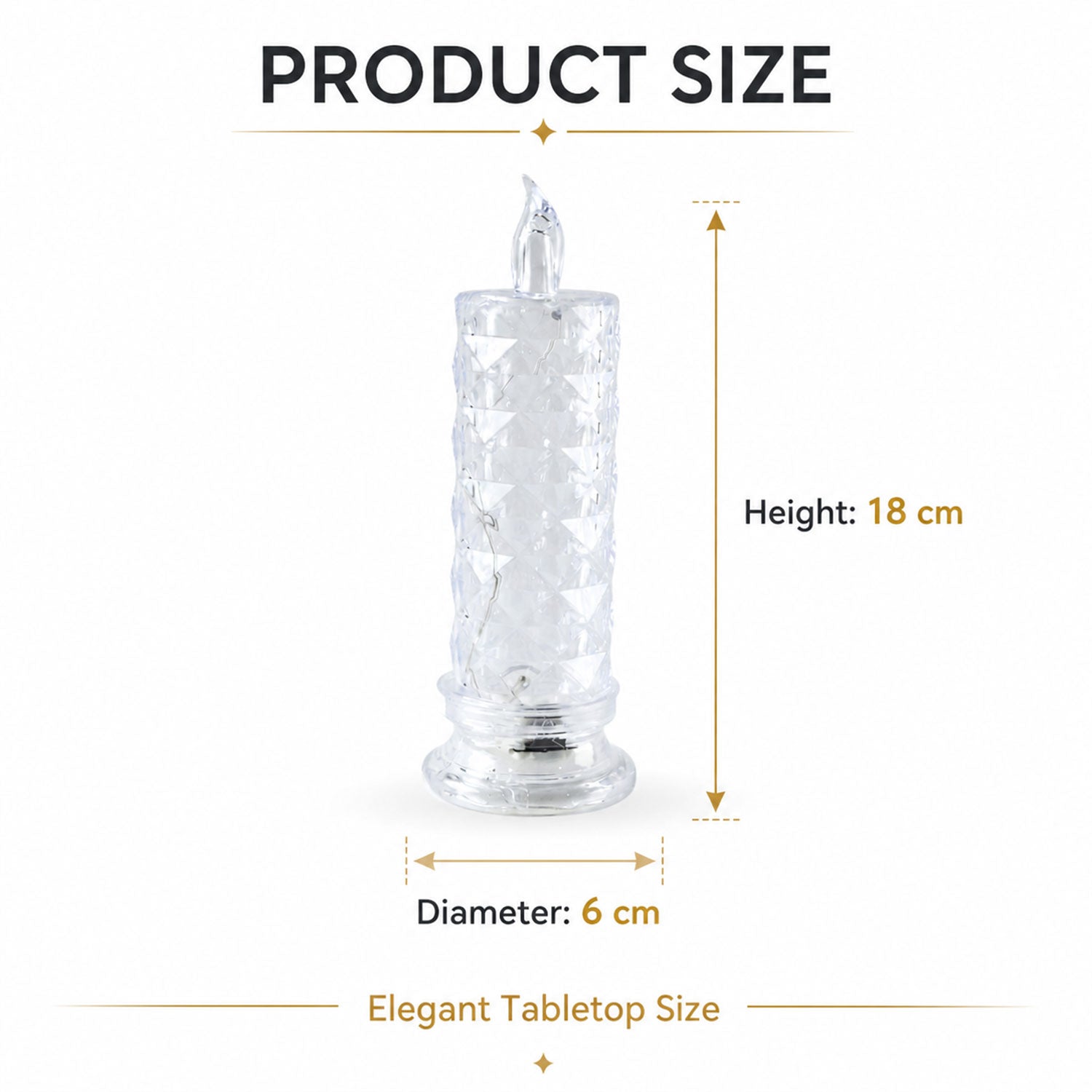 A clear faceted crystal LED candle light with its dimensions, 18 cm height and 6 cm diameter, displayed.