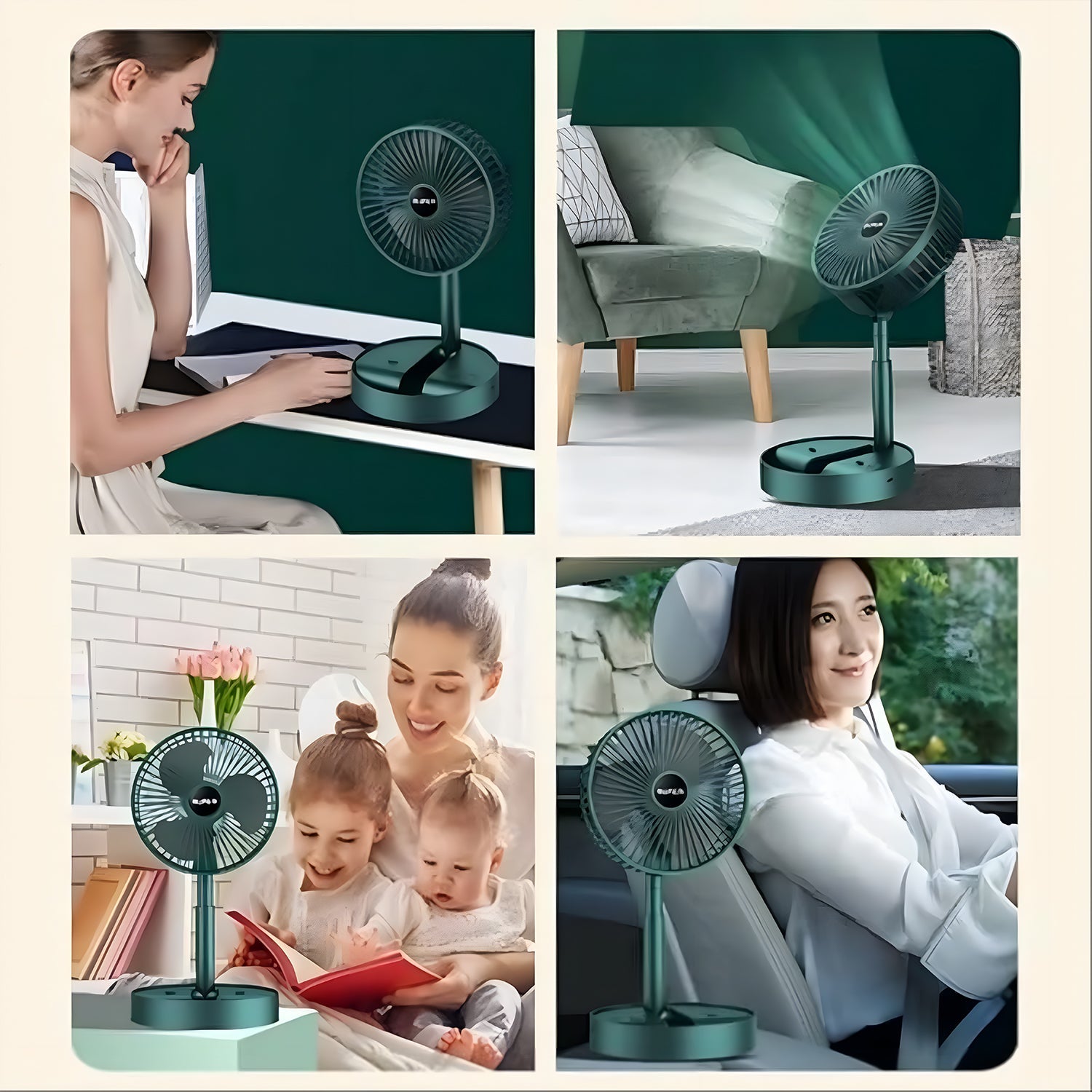 Four panels show the teal portable fan in use: on a desk, next to a sofa, with children, and in a car.