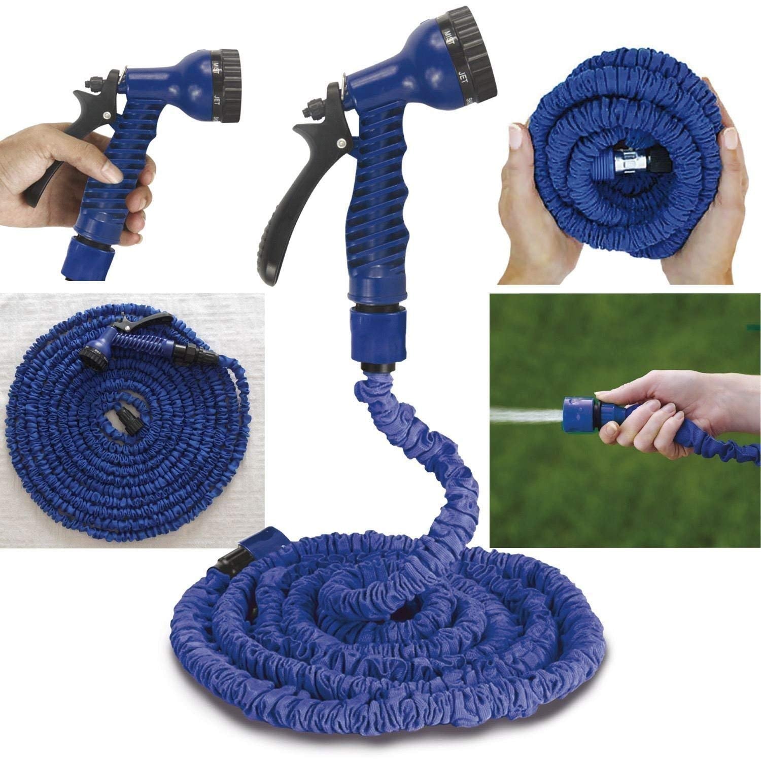 A collage showing a blue expandable hose with a spray nozzle in various configurations and being used to spray water.