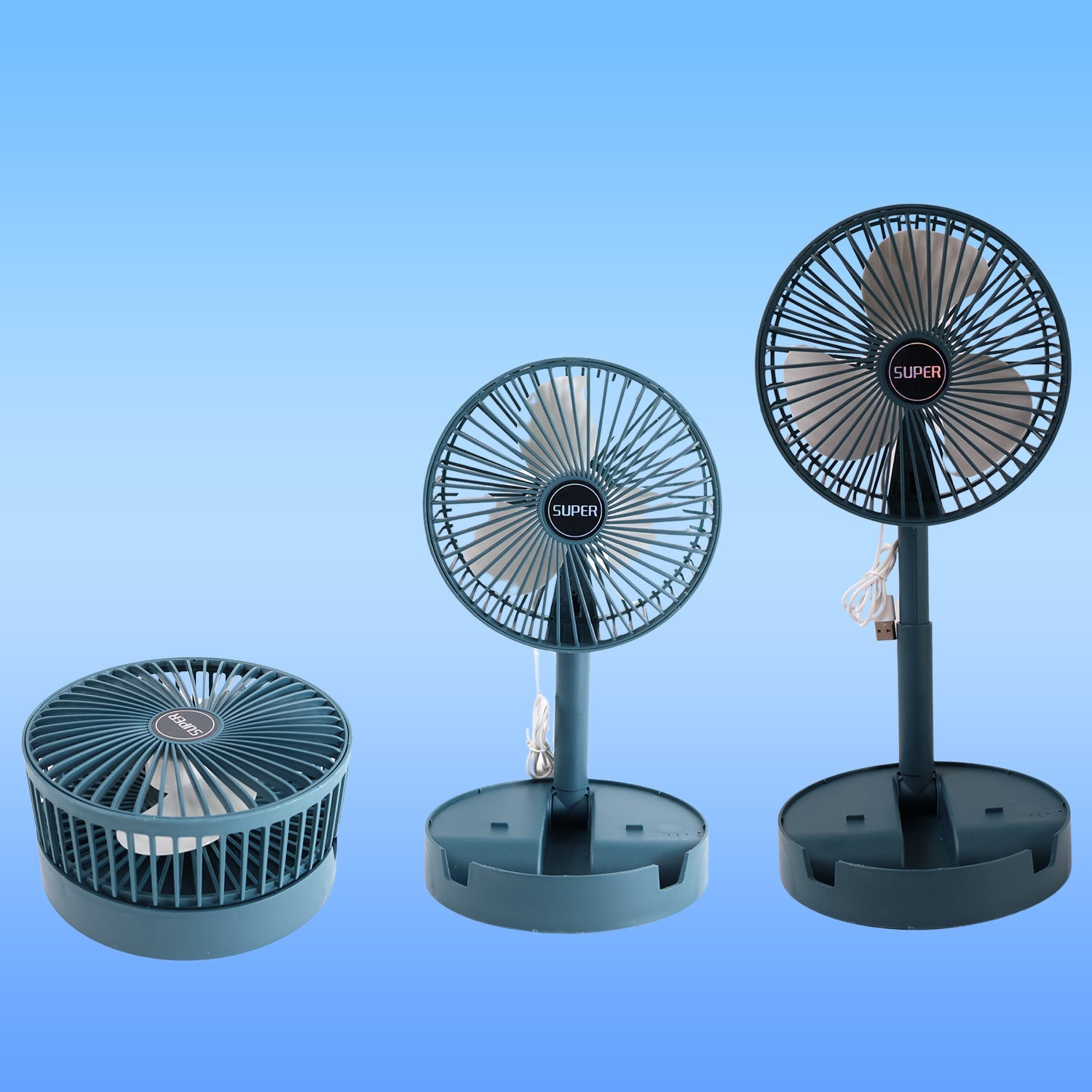 Three teal portable fans are shown on a blue background, demonstrating their compact, medium, and extended heights.