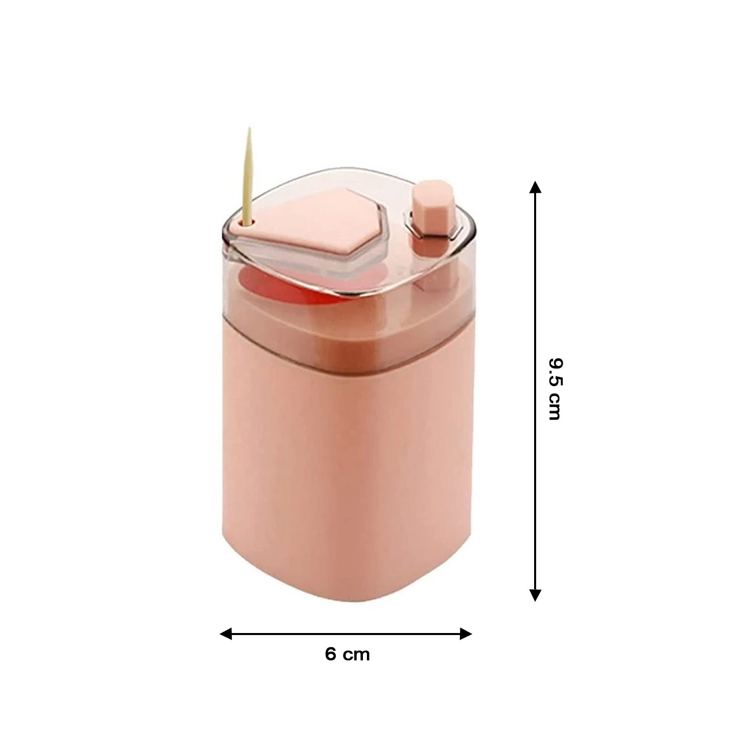 A pink automatic toothpick dispenser with a clear lid and a single toothpick protruding, showing dimensions of 9.5 cm height