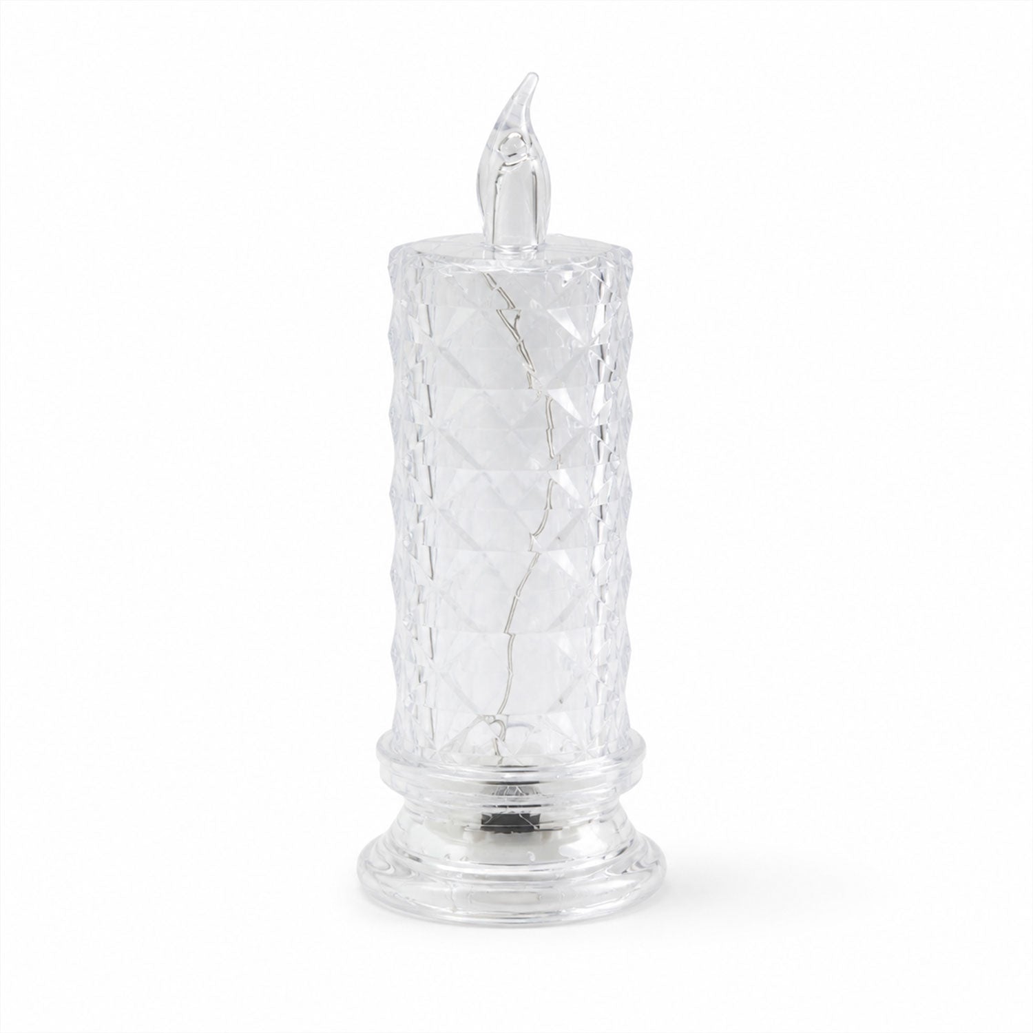 A clear faceted crystal LED candle light, unlit, on a plain white background.
