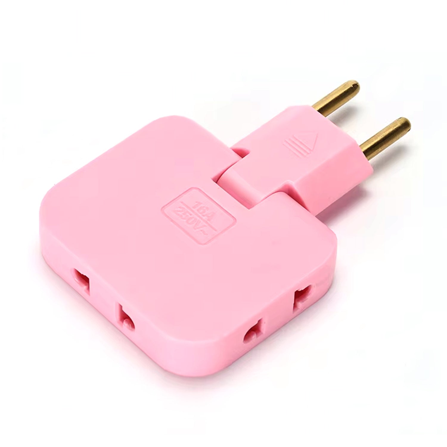 A pink 3-in-1 foldable wall plug adapter with brass pins, isolated on a white background.
