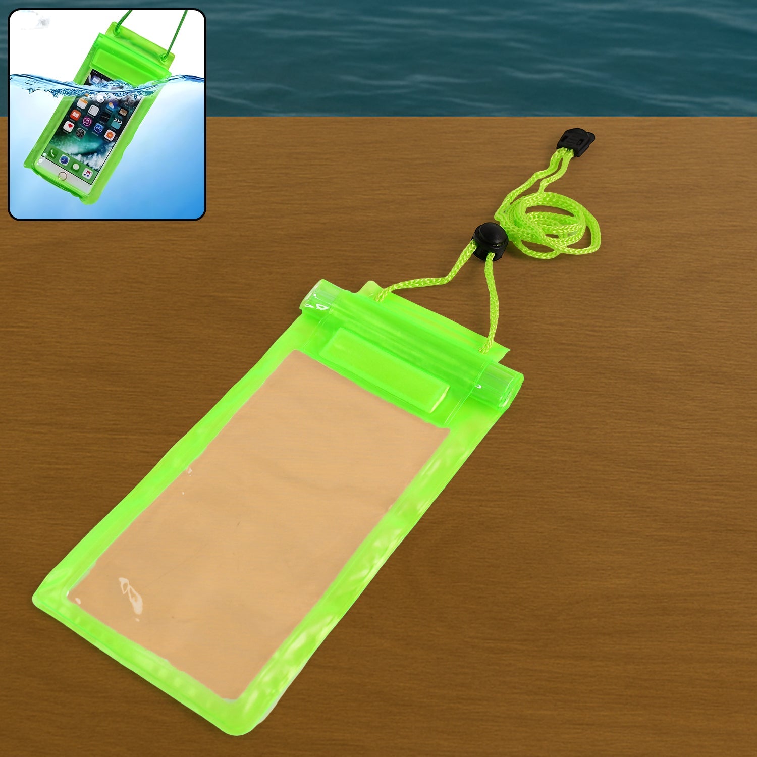 Neon green waterproof phone pouch with a black lanyard on a wooden surface, with a small inset showing it submerged.