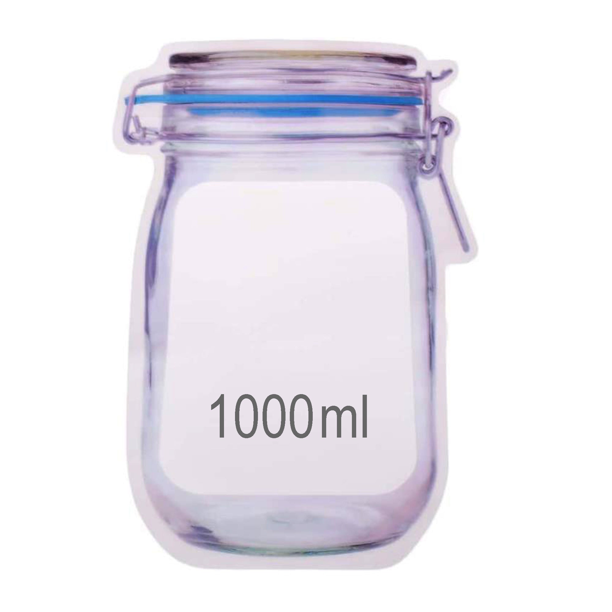 A clear, mason jar-shaped plastic bag with 1000ml printed on it is displayed on a white background.