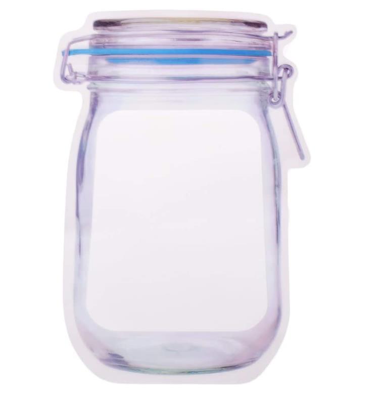 A transparent, mason jar-shaped plastic bag with a blue ring and metal clasp graphic is shown.