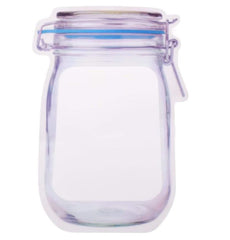 A transparent, mason jar-shaped plastic bag with a blue ring and metal clasp graphic is shown.