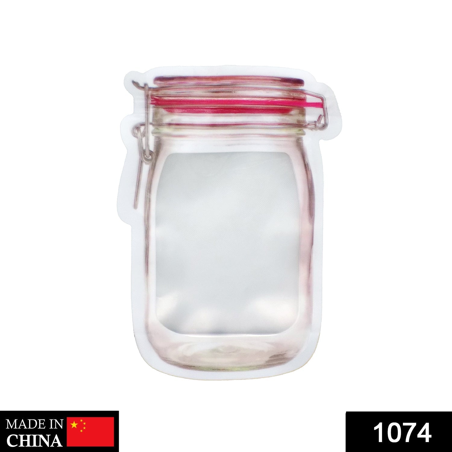 A jar-shaped zipper pouch with a red lid and metal clasp design is centered on a white background.
