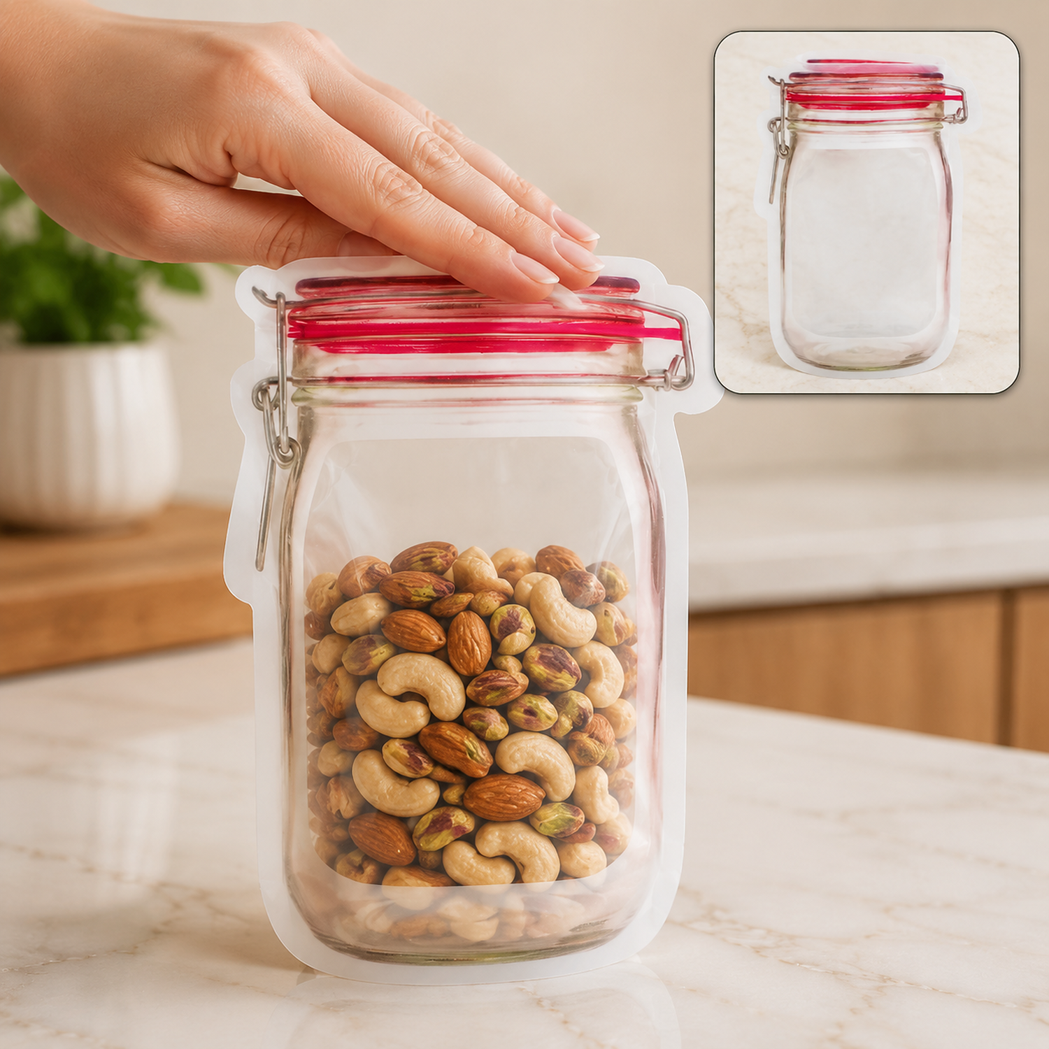 A hand reaches for a jar-shaped zipper pouch filled with cashews and almonds on a marble counter.