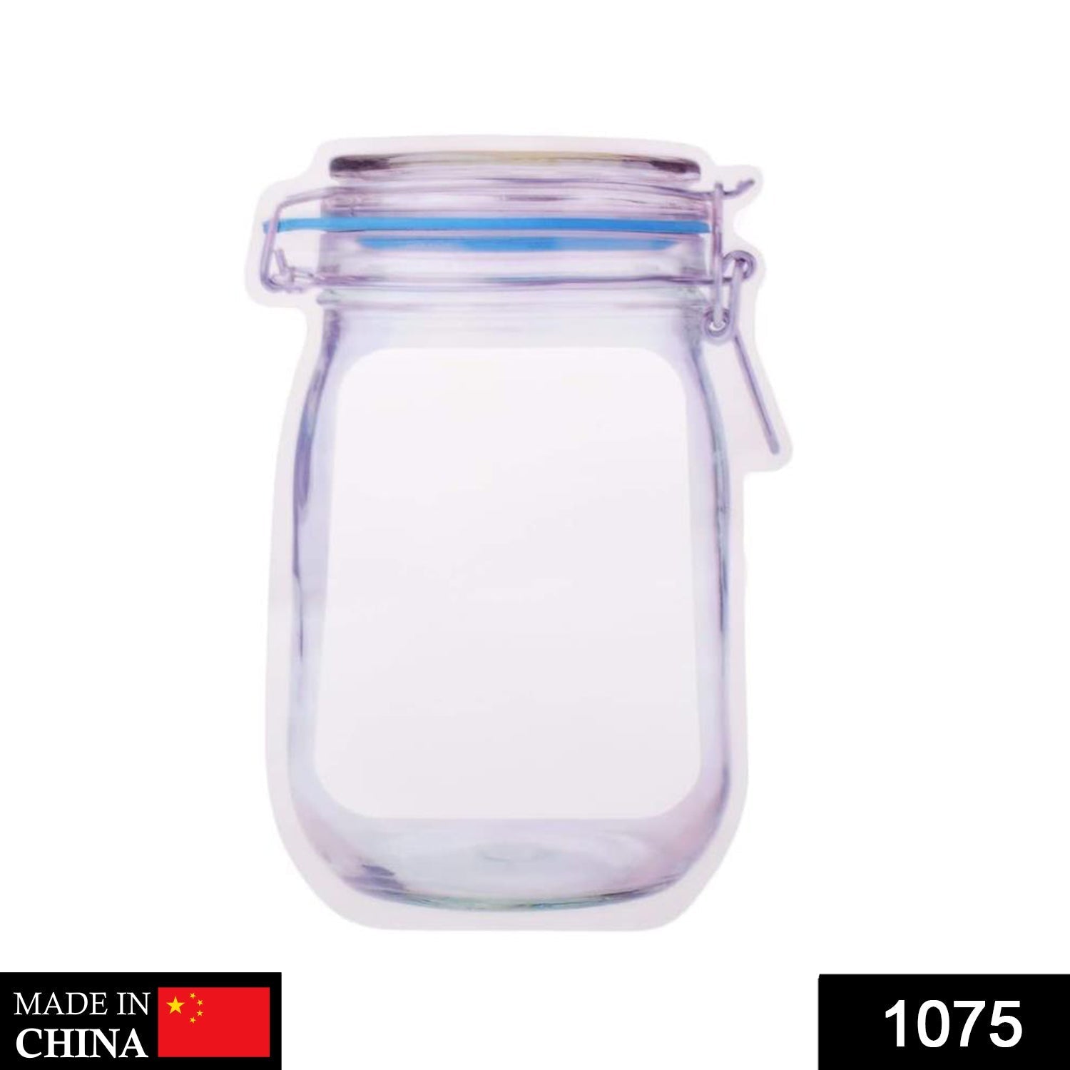 A clear, mason jar-shaped plastic bag with a blue seal and metal clasp graphic is displayed on white.