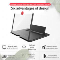 A black mobile phone screen magnifier with a red pull tab is centered on a green leaf background with text describing its