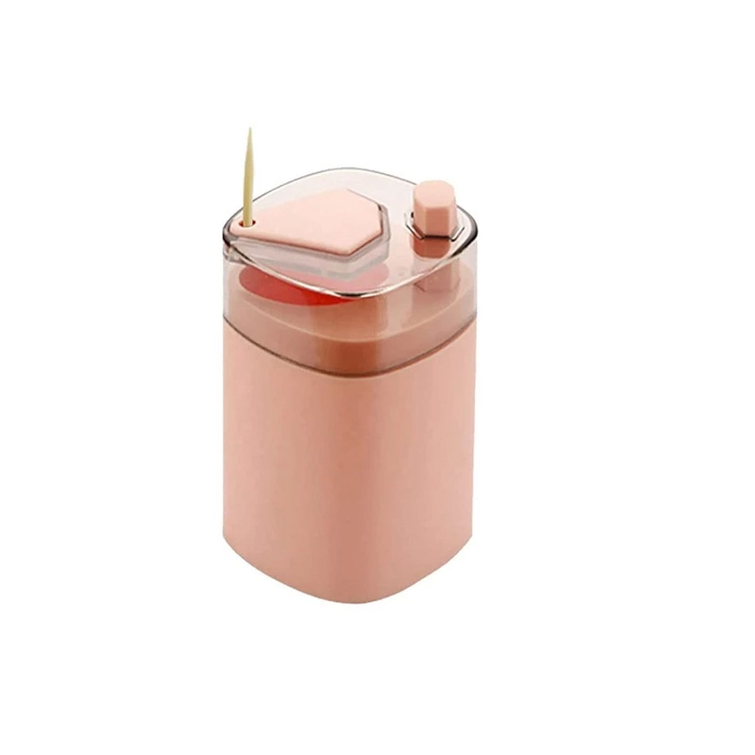 A pink automatic toothpick dispenser with a clear lid and a single toothpick protruding, on a white background.